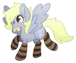 Size: 1283x1064 | Tagged: safe, artist:mimiqq, derpy hooves, pegasus, pony, g4, :3, blushing, clothes, female, happy, letter, mail, mailmare, mare, simple background, socks, spread wings, thigh highs, transparent background, wings