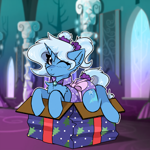 Size: 2000x2000 | Tagged: safe, artist:jubyskylines, trixie, pony, unicorn, g4, box, chest fluff, christmas, clothes, cute, diatrixes, ear fluff, female, holiday, horn, indoors, mare, one eye closed, pony in a box, present, ribbon, smiling, solo, twilight's castle, wink