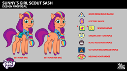 Size: 1920x1080 | Tagged: safe, sunny starscout, earth pony, pony, attack of the bunnisus, g5, my little pony: tell your tale, .ai available, .psd available, badge, concept art, english, female, girl scout, girl scouts, lil critter workshop, long mane, mane stripe sunny, mare, my little pony logo, sash, solo, sunny's bag, trail trotter, trail trotters, vector