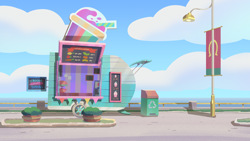 Size: 3840x2160 | Tagged: safe, attack of the bunnisus, g5, my little pony: tell your tale, official, banner, behind the scenes, cloud, colored, concept art, day, english, food truck, lamppost, lil critter workshop, maretime bay, menu, no pony, ocean, outdoors, recycle bin, smoothie truck, street, water