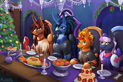 Size: 3600x2400 | Tagged: safe, artist:miramore, oc, oc only, oc:fireheart(fire), oc:nurse lavender blossom, oc:queen lunaris, oc:queen tiara, alicorn, bat pony, pony, alicorn oc, alternate universe, bat pony oc, christmas, christmas card, christmas tree, clothes, fireheart76's latex suit design, gloves, hearth's warming eve, holiday, horn, latex, latex boots, latex gloves, latex suit, prisoners of the moon, rubber, rubber suit, tree, wings