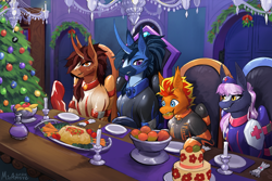 Size: 3600x2400 | Tagged: safe, artist:miramore, oc, oc only, oc:fireheart(fire), oc:nurse lavender blossom, oc:queen lunaris, oc:queen tiara, alicorn, bat pony, pony, alicorn oc, alternate universe, bat pony oc, christmas, christmas card, christmas tree, clothes, fireheart76's latex suit design, gloves, hearth's warming eve, holiday, horn, latex, latex boots, latex gloves, latex suit, prisoners of the moon, rubber, rubber suit, tree, wings