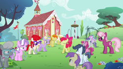 Size: 1920x1080 | Tagged: safe, screencap, alula, apple bloom, aura (g4), cheerilee, cyan skies, diamond tiara, dinky hooves, mango dash, noi, peachy pie, piña colada, pluto, ruby pinch, shady daze, silver spoon, sunny daze, tornado bolt, twist, earth pony, pegasus, pony, unicorn, g4, my little pony: friendship is magic, the cutie pox, butt, colt, female, filly, foal, horn, male, mare, plot, ponyville, ponyville schoolhouse