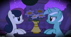 Size: 2022x1074 | Tagged: safe, artist:stephen-fisher, bon bon, lyra heartstrings, sweetie drops, earth pony, unicorn, g4, female, flower, flower vase, horn, lesbian, looking at each other, looking at someone, night, romantic, ship:lyrabon, shipping, vase