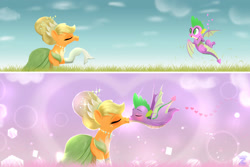 Size: 3000x2000 | Tagged: safe, artist:darksly, applejack, spike, dragon, earth pony, pony, g4, 2 panel comic, age difference, alternate hairstyle, clothes, comic, commission, dress, duo, duo male and female, evening gloves, eyes closed, female, gloves, handkerchief, high res, jewelry, kiss on the lips, kissing, long gloves, male, mare, necklace, ship:applespike, shipping, straight, winged spike, wings