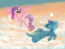 Size: 2732x2048 | Tagged: safe, artist:felisamafeles, oc, oc only, oc:star silk, oc:vibrant grove, pegasus, pony, cloud, cloudy, cute, digital art, dusk, flying, innocent, pegasus oc, smiling, spread wings, sun, wings