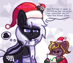 Size: 1360x1169 | Tagged: safe, artist:itz_bluejacob, derpibooru exclusive, oc, oc only, oc:mozzarella swirl, oc:silky strands (itz_bluejacob), oc:websy, bat pony, pony, spider, unicorn, angry, bat wings, bubble, christmas, clothes, cross-popping veins, duo, elderly, emanata, eye twitch, glasses, hat, holiday, horn, jewelry, necklace, newbie artist training grounds, santa hat, scarf, silk, silky strands is not amused, sitting, socks, spider web, sweater, unamused, wings, witch hat