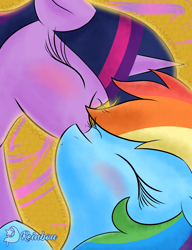 Size: 3000x3900 | Tagged: safe, artist:reinbou, rainbow dash, twilight sparkle, alicorn, pegasus, pony, g4, abstract background, female, kiss on the lips, kissing, lesbian, mare, ship:twidash, shipping