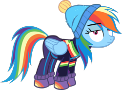 Size: 7036x5206 | Tagged: safe, artist:retroponybro, edit, vector edit, rainbow dash, pegasus, pony, g4, clothes, equestria girls outfit, female, folded wings, full body, hat, inkscape, looking at you, mare, simple background, solo, transparent background, vector, wings, winter hat