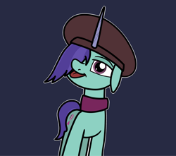 Size: 2048x1811 | Tagged: safe, artist:ewoudcponies, onyx, pony, unicorn, g5, beret, blue background, dark blue background, female, floppy ears, hair over one eye, hat, horn, looking at you, mare, outline, simple background, solo, tongue out, white outline