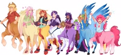 Size: 2047x943 | Tagged: safe, artist:inkrred, applejack, fluttershy, pinkie pie, rainbow dash, rarity, spike, sunset shimmer, tank, twilight sparkle, centaur, human, tortoise, taur, g4, alicorn humanization, alternate mane seven, breasts, centaur pie, centaur sunset, centaur twilight, centaurdash, centaurified, centaurity, centaurjack, centaurshy, cleavage, clothes, eared humanization, eyes closed, female, floating heart, goggles, goggles on head, heart, horned humanization, horse ears, humanized, light skin, male, mane seven, mane six, open mouth, open smile, outstretched arms, pegataur, plaid shirt, shirt, simple background, smiling, species swap, spread wings, tan skin, uniform, white background, winged humanization, wings, wonderbolt trainee uniform