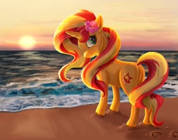 Size: 3809x3000 | Tagged: safe, artist:catscratchpaper, sunset shimmer, pony, unicorn, g4, beach, female, flower, flower in hair, high res, horn, looking back, mare, ocean, pun, solo, sun, sunset, water