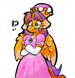 Size: 951x987 | Tagged: safe, artist:zutcha, oc, oc only, alicorn, anthro, arm hooves, clothes, colored, confused, crossdressing, crown, dress, exclamation point, floppy ears, glasses, gloves, heterochromia, interrobang, jewelry, long gloves, male, princess peach, question mark, regalia, simple background, solo, stallion, super mario, white background