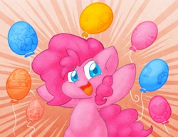 Size: 1582x1216 | Tagged: safe, artist:zutcha, pinkie pie, earth pony, pony, g4, balloon, colored pupils, female, looking at you, mare, monochrome, open mouth, open smile, smiling, smiling at you, solo, sunburst background