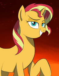 Size: 2550x3300 | Tagged: safe, anonymous artist, sunset shimmer, pony, unicorn, equestria girls, g4, female, gradient background, grin, horn, lidded eyes, looking at you, mare, smiling, smiling at you, smirk, solo, stars