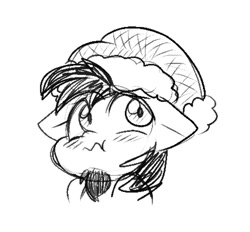 Size: 711x660 | Tagged: safe, artist:zutcha, oc, oc only, oc:ace play, earth pony, pony, beard, blush lines, blushing, bust, christmas, facial hair, floppy ears, grayscale, hat, holiday, looking away, male, monochrome, santa hat, simple background, solo, stallion, wavy mouth, white background