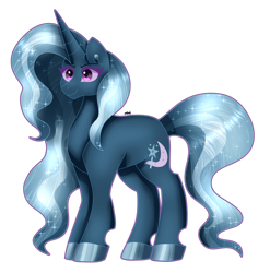 Size: 1280x1295 | Tagged: safe, artist:dazzlingmimi, trixie, pony, unicorn, g4, cloven hooves, diamond pupils, female, horn, long legs, nightmare trixie, nightmarified, simple background, solo, solo female, starry hair, transparent background