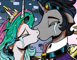 Size: 651x506 | Tagged: safe, artist:gray--day, edit, king sombra, princess celestia, alicorn, pony, unicorn, comic:of kings and changelings, g4, cropped, crying, female, good king sombra, horn, i can't believe it's not idw, kiss on the lips, kissing, love, male, mare, ship:celestibra, shipping, stallion, straight