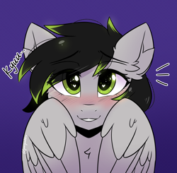 Size: 2623x2571 | Tagged: safe, artist:sonigiraldo, oc, oc only, oc:silver moon, pegasus, pony, beautiful, black and green, blushing, cute, daaaaaaaaaaaw, female, green and black mane, green eyes, hair tips, heart, heart eyes, kyu, looking at you, mare, purple background, simple background, smiling, smiling at you, solo, weapons-grade cute, wingding eyes, wings