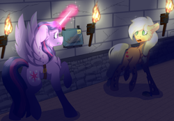 Size: 1780x1242 | Tagged: safe, artist:brybrychan, artist:bryonythewolf, applejack, twilight sparkle, alicorn, earth pony, pony, g4, applejack's hat, corridor, cowboy hat, duo, fanfic art, female, glowing, glowing horn, hat, holes, horn, indoors, mare, raised hoof, surprised, torch, twilight sparkle (alicorn)