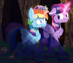 Size: 3456x3000 | Tagged: safe, artist:brybrychan, artist:bryonythewolf, rainbow dash, spike, twilight sparkle, alicorn, pegasus, pony, g4, chest fluff, duo, fanfic art, female, forest, glowing, glowing horn, high res, horn, mare, mouth hold, nature, night, outdoors, smiling, smirk, tree, twilight sparkle (alicorn), voodoo, voodoo doll, walking