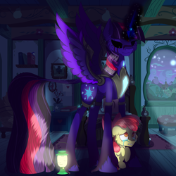 Size: 3000x3000 | Tagged: safe, artist:brybrychan, artist:bryonythewolf, apple bloom, twilight sparkle, oc, oc:queen eclipse, alicorn, pony, g4, black sclera, creepypasta, crying, duo, female, filly, foal, high res, indoors, lantern, mare, night, nightmare twilight, nightmarified, scared, spread wings, standing over, twilight sparkle (alicorn), unshorn fetlocks, wings, zalgo