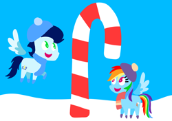 Size: 3553x2499 | Tagged: safe, anonymous artist, derpibooru exclusive, rainbow dash, soarin', pegasus, pony, series:soarindash hearth's warming, series:soarindash romantic tales, g4, candy, candy cane, christmas, female, flying, food, happy, hearth's warming, holiday, male, mare, pointy ponies, ship:soarindash, shipping, smiling, snow, stallion, straight, winter, winter clothes