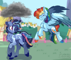 Size: 2614x2231 | Tagged: safe, artist:brybrychan, artist:bryonythewolf, rainbow dash, oc, oc:zapper, pegasus, pony, unicorn, g4, chest fluff, colored wings, duo, eyes closed, flying, grin, high res, horn, one eye closed, prank, rainbow hooves, smiling, stormcloud, two toned wings, unshorn fetlocks, wavy mouth, wings