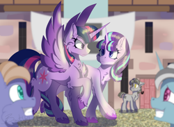 Size: 3078x2250 | Tagged: safe, artist:brybrychan, artist:bryonythewolf, moon dust, moonstone (g4), starlight glimmer, sunny song, twilight sparkle, alicorn, earth pony, pony, unicorn, g4, my little pony: friendship is magic, the cutie map, angry, chest fluff, high res, horn, our town, s5 starlight, smiling, spread wings, twilight sparkle (alicorn), unshorn fetlocks, walking, wings