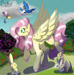 Size: 3126x3173 | Tagged: safe, artist:brybrychan, artist:bryonythewolf, fluttershy, bird, blue jay, butterfly, pony, rabbit, weasel, g4, animal, female, flower, high res, mare, path, pink hooves, smiling, solo, spread wings, standing on two hooves, unshorn fetlocks, wings