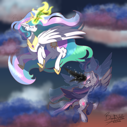 Size: 3000x3000 | Tagged: safe, artist:brybrychan, artist:bryonythewolf, princess celestia, twilight sparkle, alicorn, pony, g4, duo, evil twilight, fanfic art, fight, flying, glowing, glowing horn, grin, high res, hock fluff, horn, smiling, teary eyes, twilight sparkle (alicorn), unshorn fetlocks