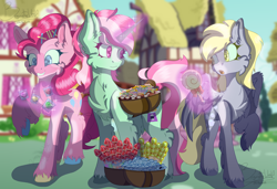 Size: 3728x2543 | Tagged: safe, artist:brybrychan, artist:bryonythewolf, derpy hooves, minty bubblegum, pinkie pie, earth pony, pegasus, pony, unicorn, g4, background pony, basket, candy, chest fluff, colored hooves, female, food, glowing, glowing horn, grin, high res, hock fluff, hooves, horn, levitation, lollipop, magic, mare, ponyville, raised hoof, selling, smiling, telekinesis, trio, underp, unshorn fetlocks