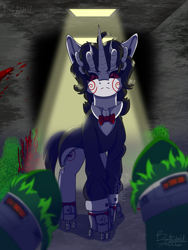 Size: 2127x2825 | Tagged: safe, artist:brybrychan, artist:bryonythewolf, oc, pony, unicorn, billy the puppet, clothes, high res, horn, horns, looking at you, offscreen character, ponified, pov, roller skates, saw (movie), skates, tuxedo, unshorn fetlocks