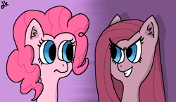 Size: 1500x878 | Tagged: safe, artist:dkwzurt, pinkie pie, earth pony, pony, g4, duality, evil smile, pink background, pinkamena diane pie, simple background, smiling