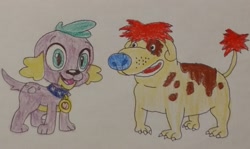 Size: 2771x1650 | Tagged: safe, anonymous artist, derpibooru exclusive, spike, dog, equestria girls, g4, 2024, crossover, duo, duo male, male, mcdonald's, simple background, smiling, spike the dog, sundae the dog, the wacky adventures of ronald mcdonald, traditional art, white background