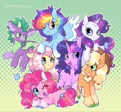 Size: 1071x988 | Tagged: safe, artist:strawbrrycereal, applejack, fluttershy, pinkie pie, rainbow dash, rarity, spike, twilight sparkle, dracony, dragon, earth pony, hybrid, pegasus, pony, unicorn, g4, cute, female, flower, flower in hair, horn, mane seven, mane six, mare, open mouth, redesign, smiling, unshorn fetlocks