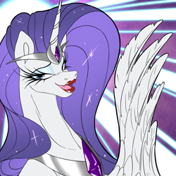 Size: 4000x4000 | Tagged: safe, artist:2hrnap, rarity, alicorn, pony, g4, abstract background, alicornified, circlet, female, lidded eyes, lipstick, mare, open mouth, open smile, peytral, race swap, raricorn, red lipstick, smiling, solo, sparkles, sparkly mane, wing gesture, wings