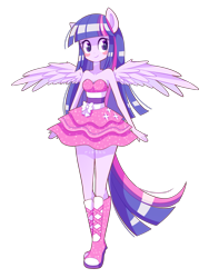 Size: 1500x1998 | Tagged: safe, artist:riouku, twilight sparkle, alicorn, equestria girls, g4, bare shoulders, blushing, boots, clothes, cute, dress, fall formal outfits, female, high heel boots, ponied up, ponytail, shoes, simple background, skirt, sleeveless, solo, sparkles, strapless, transparent background, twilight ball dress, twilight sparkle (alicorn), wings