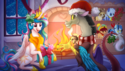 Size: 1280x720 | Tagged: safe, artist:stepandy, discord, princess celestia, oc, alicorn, draconequus, pony, g4, bashful, blushing, christmas, clothes, cute, cutelestia, discute, female, fireplace, grin, happy, hat, holiday, male, mistletoe, open mouth, plushie, present, raised hoof, realistic horse legs, santa hat, scarf, ship:dislestia, shipping, smiling, straight