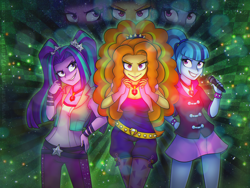 Size: 2560x1920 | Tagged: safe, artist:stargrace97, artist:stargureisu, adagio dazzle, aria blaze, sonata dusk, human, equestria girls, g4, my little pony equestria girls: rainbow rocks, beautiful, belt, clothes, evil smile, female, fingerless gloves, gem, gloves, glowing, grin, hand on hip, jewelry, leggings, looking at you, microphone, miniskirt, pants, pendant, pigtails, ponytail, siren gem, skirt, smiling, the dazzlings, trio, trio female, twintails