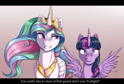 Size: 2186x1480 | Tagged: safe, artist:8bitamy, artist:vicse, princess celestia, twilight sparkle, alicorn, pony, g4, caption, collaboration, female, implied flash sentry, implied flashlight, implied shipping, implied straight, mare, spread wings, subtitles, text, twilight sparkle (alicorn), wingboner, wings