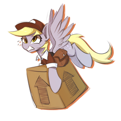 Size: 1024x1024 | Tagged: safe, artist:l8lhh8086, derpy hooves, pegasus, pony, g4, my little pony: friendship is magic, the point of no return, box, carrying, cute, derpabetes, emanata, female, mailmare, mare, package, plewds, simple background, solo, sweat, this side up, white background