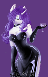 Size: 1441x2302 | Tagged: safe, artist:thenightdarksecret, rarity, unicorn, anthro, g4, bare shoulders, beautiful, black dress, breasts, busty rarity, classy, cleavage, clothes, digital art, dress, elegant, evening dress, evening gloves, eyelashes, eyes closed, female, fluffy, glass, gloves, hair over one eye, horn, jewelry, long dress, long gloves, necklace, open clothes, purple background, side slit, sideboob, signature, simple background, solo, total sideslit