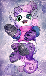 Size: 1200x1961 | Tagged: safe, artist:tsitra360, sweetie belle, pony, unicorn, g4, boots, clothes, cute, daaaaaaaaaaaw, diasweetes, female, filly, foal, horn, looking at you, open mouth, scarf, shoes, smiling, snow, snowfall, solo, weapons-grade cute