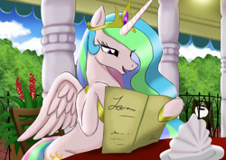 Size: 1024x724 | Tagged: safe, artist:neoshrek, princess celestia, alicorn, pony, g4, female, lunch, mare, menu, open mouth, restaurant, sitting, solo