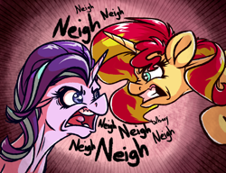 Size: 2792x2148 | Tagged: safe, artist:witchtaunter, starlight glimmer, sunset shimmer, pony, unicorn, g4, angry, bust, descriptive noise, duo, female, gritted teeth, horn, horse noises, horses doing horse things, looking at each other, looking at someone, mare, neigh, open mouth, out of character, rageset shimmer, teeth, that pony sure have anger issues