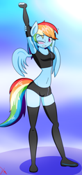 Size: 1680x3570 | Tagged: safe, artist:ramoncrimson935, rainbow dash, pegasus, anthro, plantigrade anthro, g4, adorasexy, arm behind head, armpits, belly, belly button, blushing, breasts, cleavage, clothes, cute, female, midriff, sexy, shorts, socks, solo, sports bra, sports shorts, stretching, stupid sexy rainbow dash, thigh highs