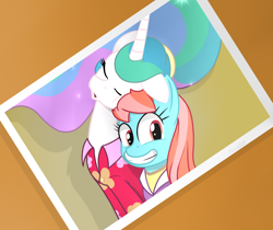 Size: 1024x861 | Tagged: safe, artist:flylash1, princess celestia, strawberry ice, alicorn, earth pony, pony, between dark and dawn, g4, my little pony: friendship is magic, clothes, cute, cutelestia, duo, female, hawaiian shirt, looking at you, mare, photo, scene interpretation, selfie, shirt, sleeping, smiling