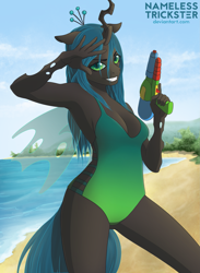 Size: 2093x2864 | Tagged: safe, artist:namelesstrickster, queen chrysalis, changeling, anthro, g4, armpits, beach, breasts, busty queen chrysalis, cleavage, clothes, commission, female, looking at you, ocean, one-piece swimsuit, salute, seashore, sideboob, smiling, solo, swimsuit, toy, water, ych result