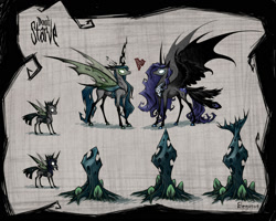 Size: 2000x1600 | Tagged: safe, artist:begasus, nightmare moon, queen chrysalis, alicorn, changeling, changeling queen, pony, g4, bat wings, changeling guard, changeling officer, claws, colored hooves, don't starve, female, glowing, glowing eyes, heart, hooves, hybrid wings, lesbian, mare, realistic horse legs, ship:chrysmoon, shipping, white eyes, wing claws, wings